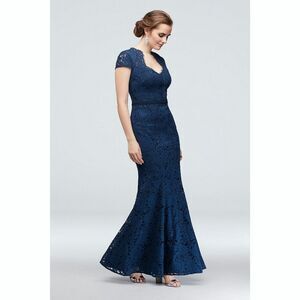 New! JS COLLECTIONS Lace Mermaid Gown Dress Cap Sleeve Blue Sweetheart Neckline
